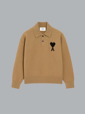 AMI DE COEUR FELTED WOOL POLO SHIRT DARK BEIGE