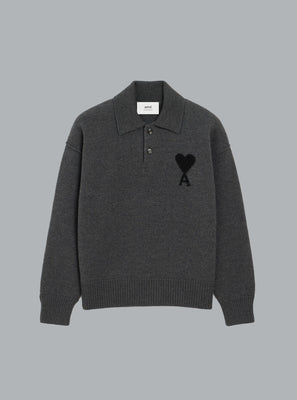 AMI DE COEUR FELTED WOOL POLO SHIRT DARK GREY