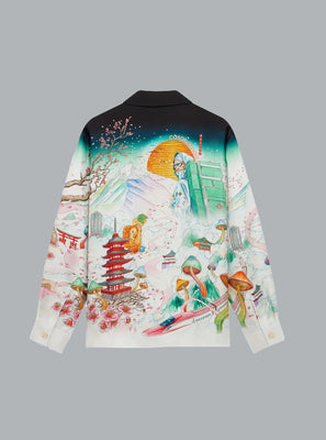 SATIN FLOWERS CUBAN COLLAR LONG SLEEVE SILK SHIRT