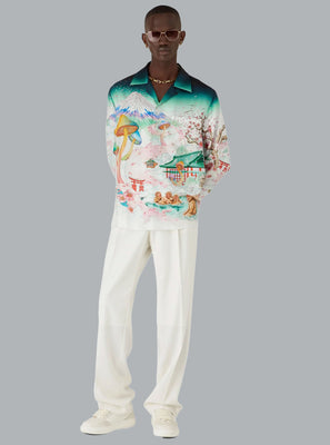 SATIN FLOWERS CUBAN COLLAR LONG SLEEVE SILK SHIRT