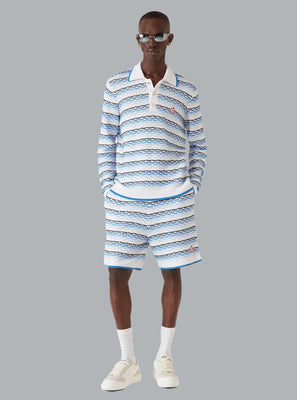 TUCK STITCH LONG SLEEVE POLO SHIRT BLUE