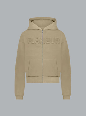 EMBOSSED LOGO ZIP THROUGH HOODIE BEIGE