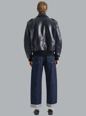 Dark Navy Soft Leather Bomber Jacket