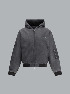 HOODED WASHED BOMBER JACKET BLACK