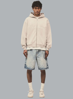 SCRIPT LOGO ZIP THROUGH HOODIE LIGHT GREY