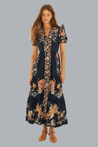MAIRA FLORAL DARK BLUE SHORT SLEEVE MAXI DRESS