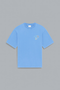 Blue t-shirt with a small graphic on a gray background