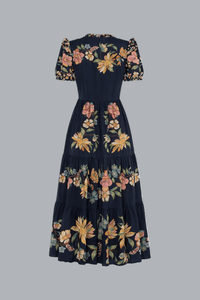 MAIRA FLORAL DARK BLUE SHORT SLEEVE MAXI DRESS