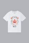 White t-shirt with floral design and 'Casa Way' text on a gray background