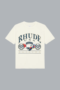 Vintage T-shirt met Amerikaans zeilicoon in wit/zwart.