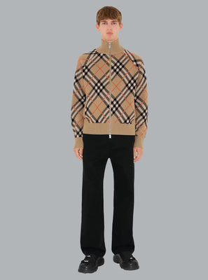 Check Print Zip Through Knit Beige Dessin