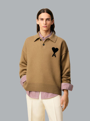 AMI DE COEUR FELTED WOOL POLO SHIRT DARK BEIGE