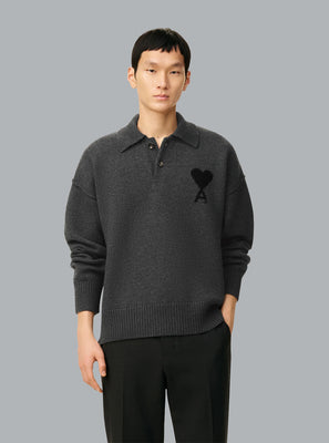 AMI DE COEUR FELTED WOOL POLO SHIRT DARK GREY