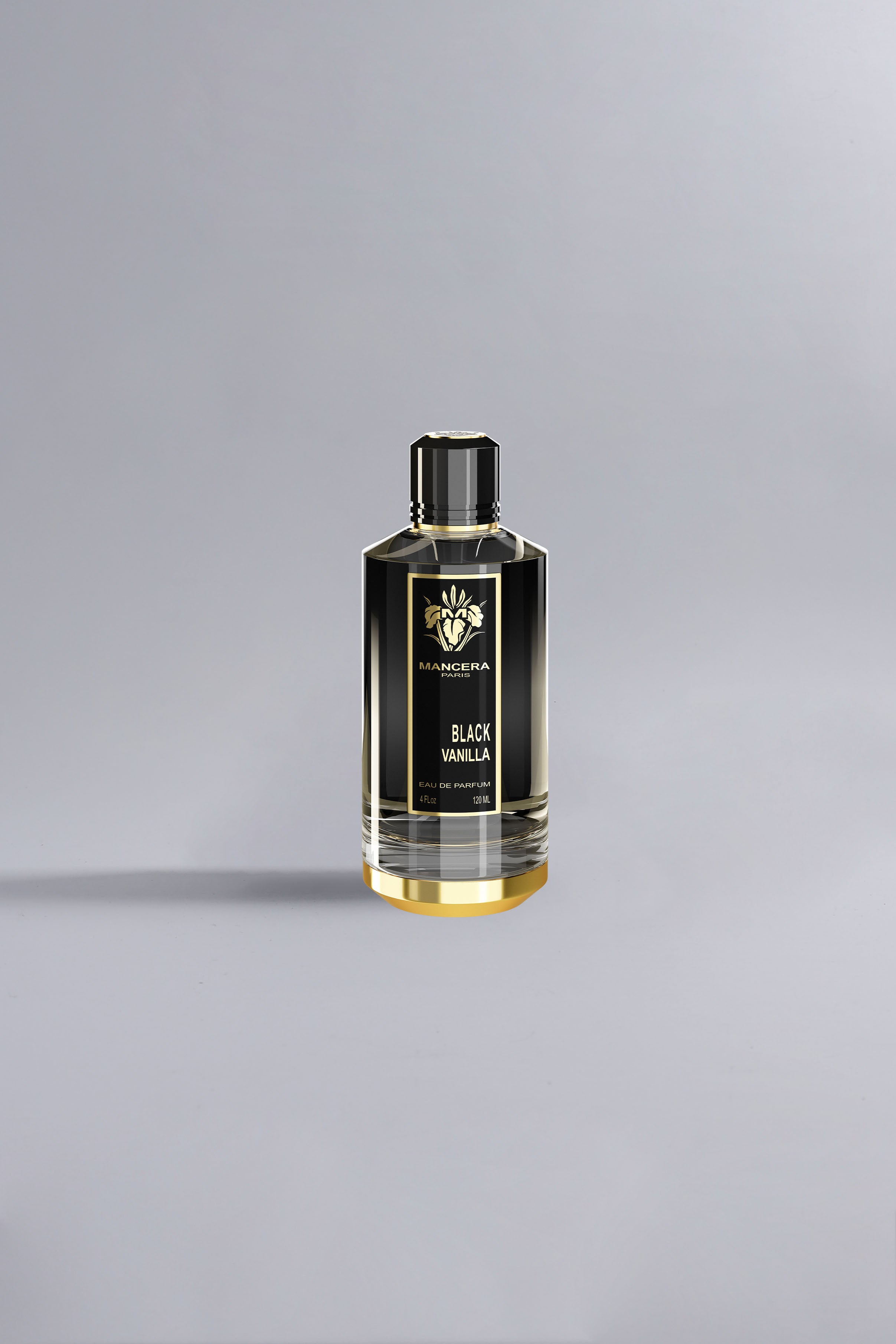 Black Vanilla Black perfume bottle with elegant black and gold design, showcasing luxury and refined style against a minimalist light gray background.