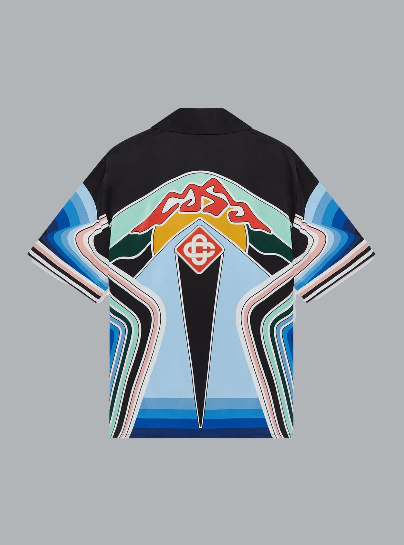 GRAPHIC MOUNTAIN CUBAN COLLAR SHORT SLEEVE SILK SHIRT