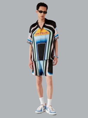 GRAPHIC MOUNTAIN CUBAN COLLAR SHORT SLEEVE SILK SHIRT