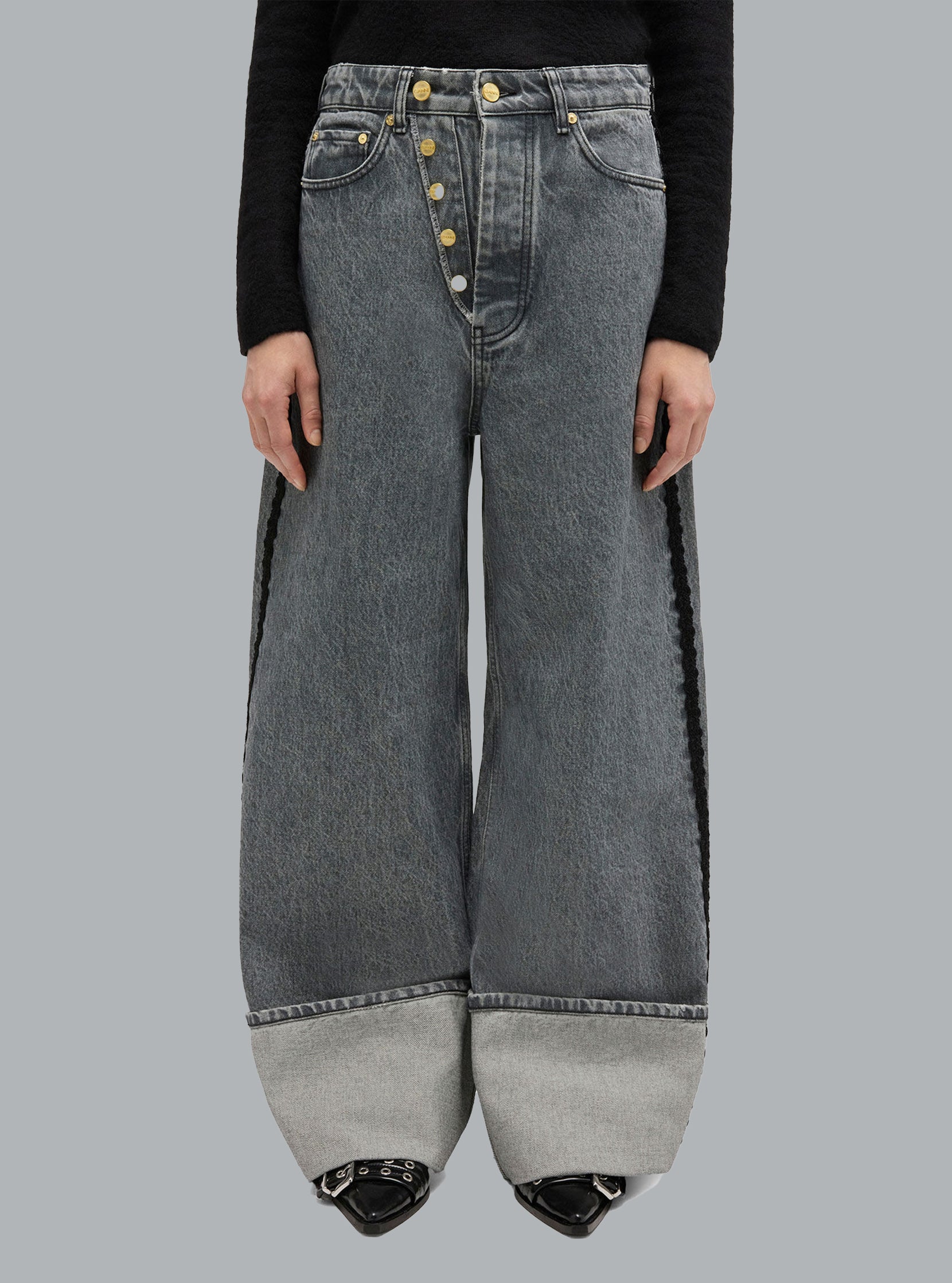 Stijve denim jeans met dubbele gulp en wijde pijpen