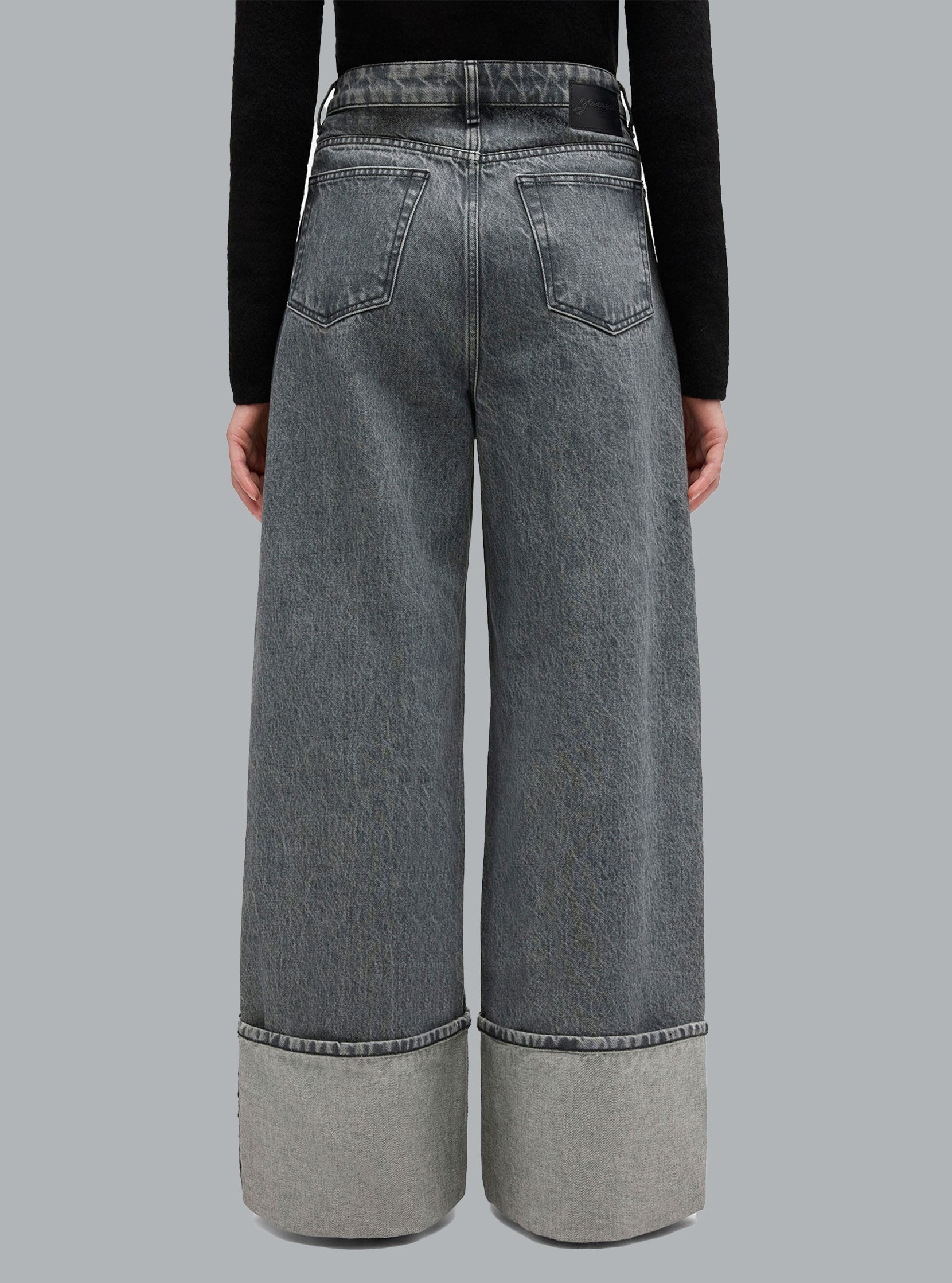 Stijve denim jeans met dubbele gulp en wijde pijpen