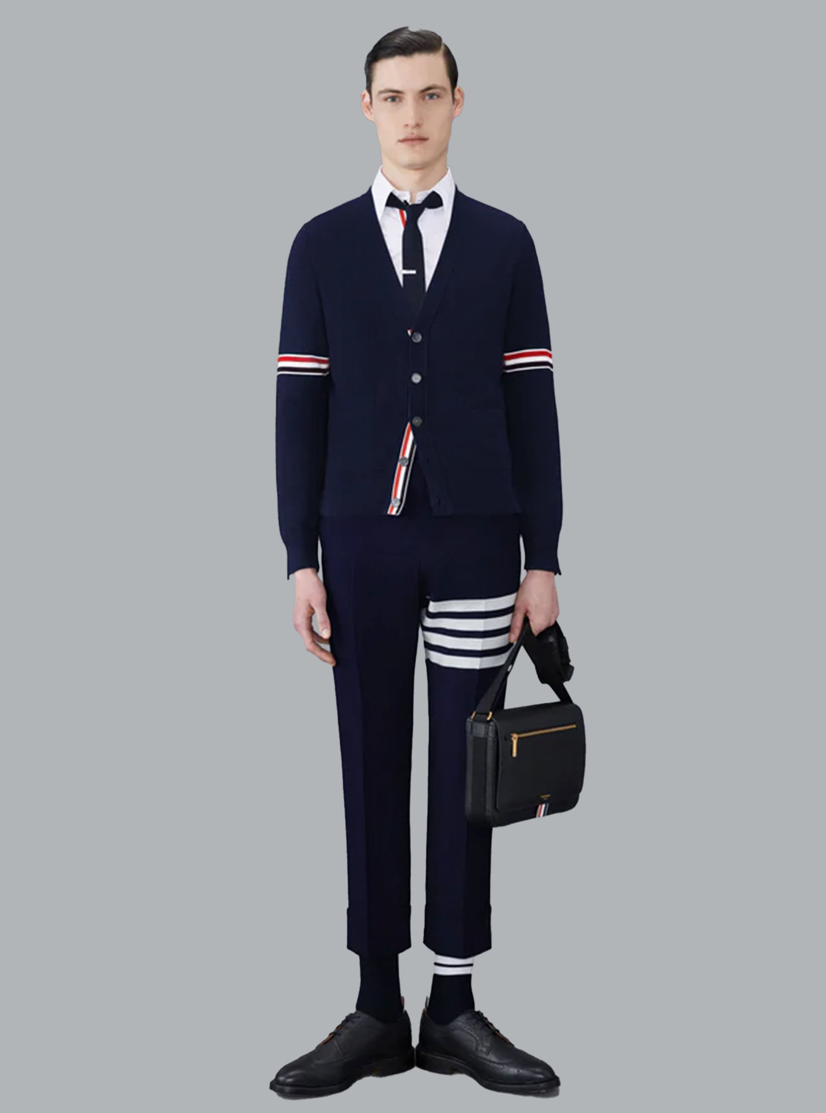 COTTON MILANO STITCH V-NECK CARDIGAN NAVY