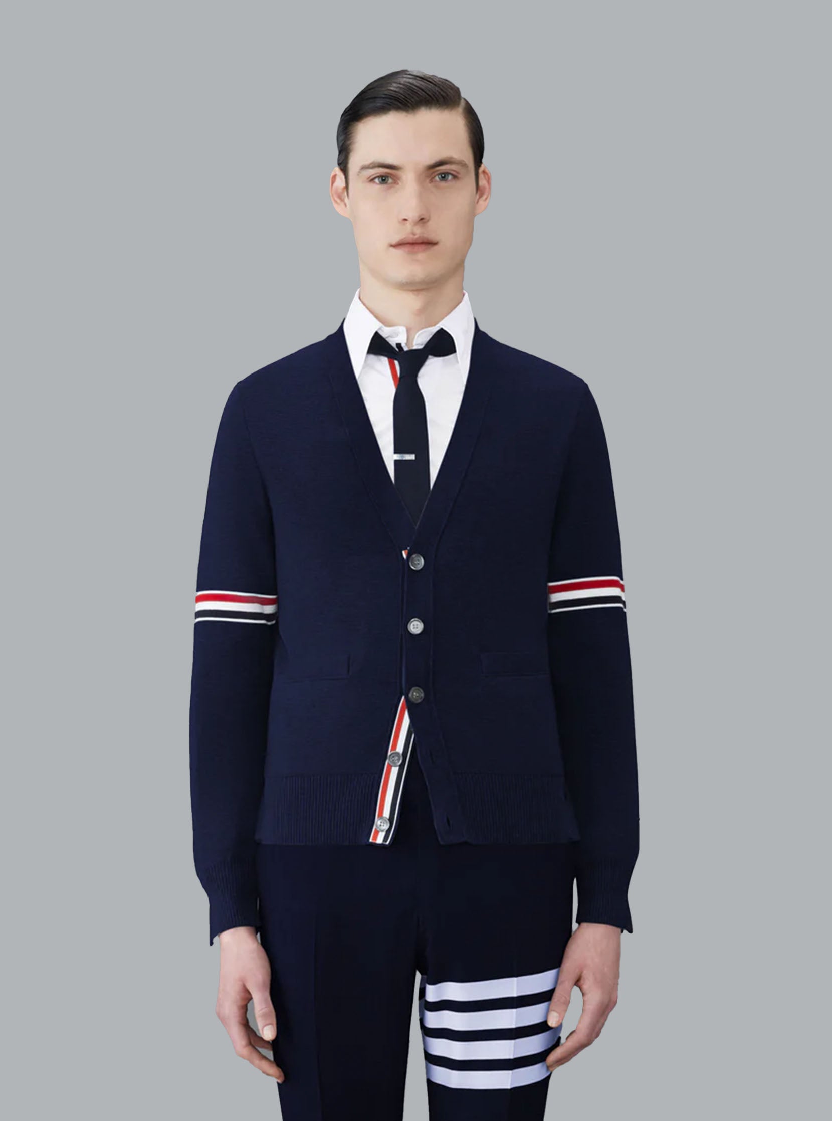 COTTON MILANO STITCH V-NECK CARDIGAN NAVY