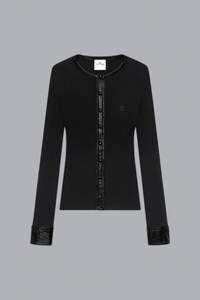 CONTRASTED VINYL RIB KNIT CARDIGAN