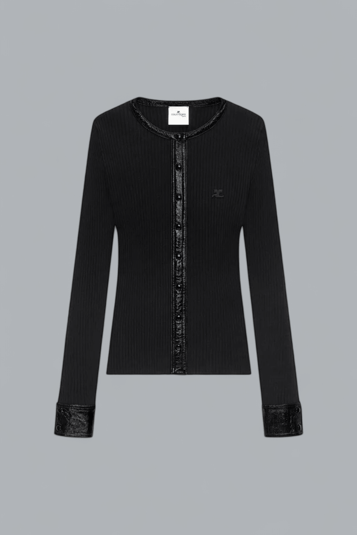 CONTRASTED VINYL RIB KNIT CARDIGAN