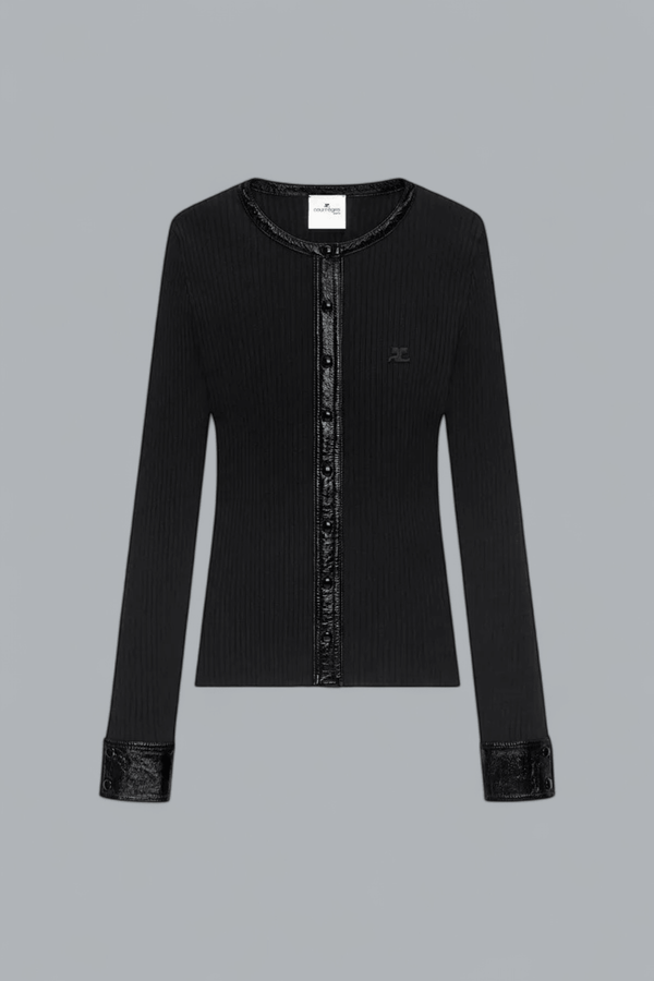 CONTRASTED VINYL RIB KNIT CARDIGAN