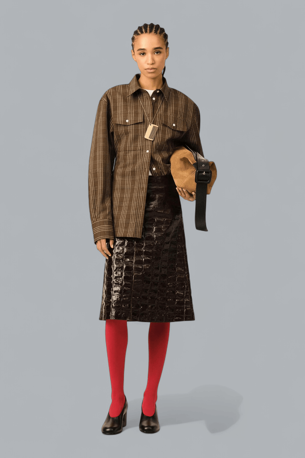 CHECKED WOOL BALLOON SLEEVE FITTED SHIRT