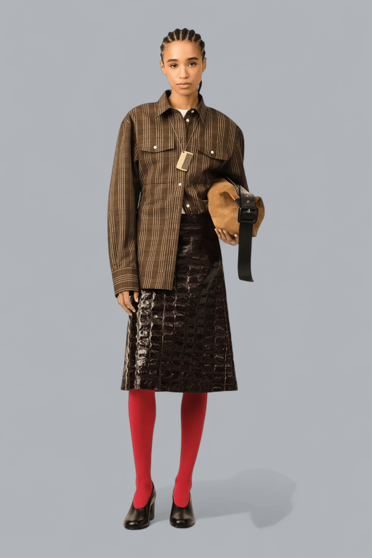 CHECKED WOOL BALLOON SLEEVE FITTED SHIRT