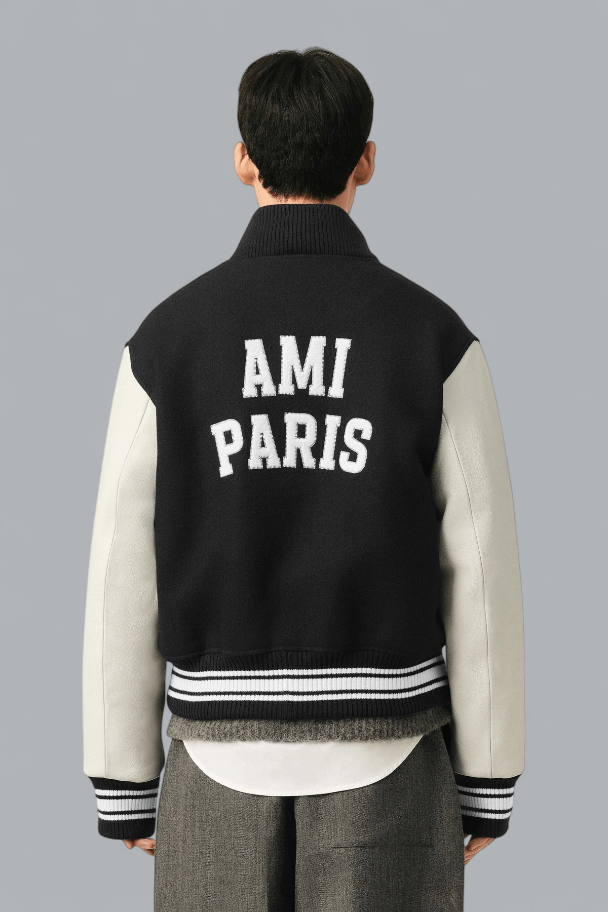 PADDED AMI PARIS TEDDY JACKET WITH LEATHER SLEEVES