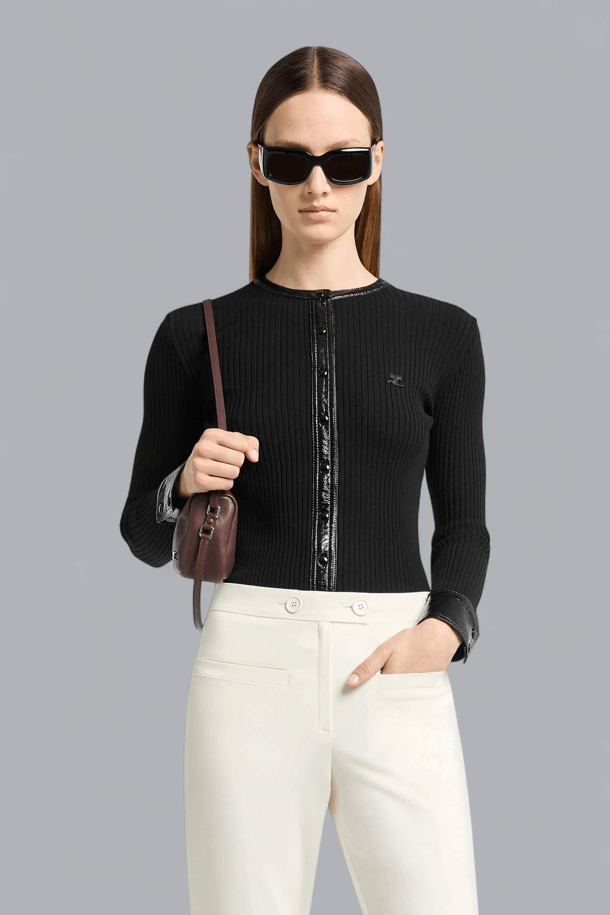 CONTRASTED VINYL RIB KNIT CARDIGAN