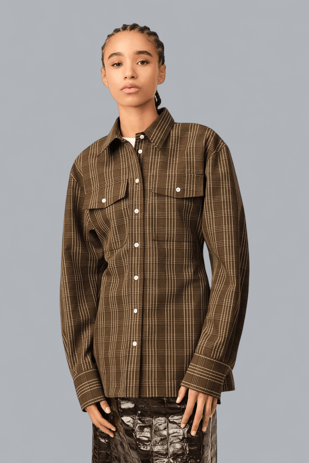 CHECKED WOOL BALLOON SLEEVE FITTED SHIRT