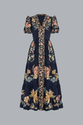 MAIRA FLORAL DARK BLUE SHORT SLEEVE MAXI DRESS