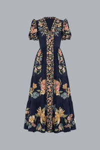 MAIRA FLORAL DARK BLUE SHORT SLEEVE MAXI DRESS