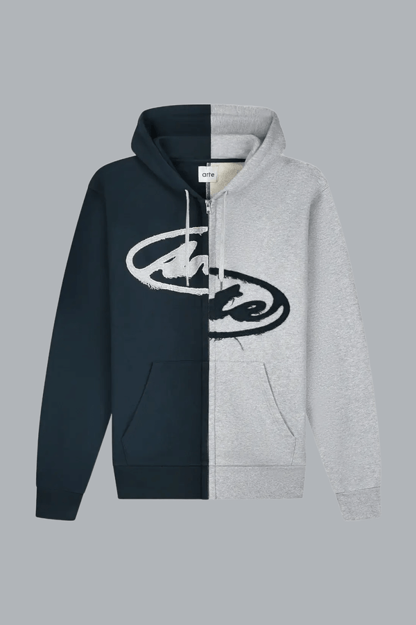 Hoodie mit Reißverschluss und geteiltem Patch Grau/Marineblau