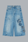 Flower Denim Cropped Baggy Cargo Jeans