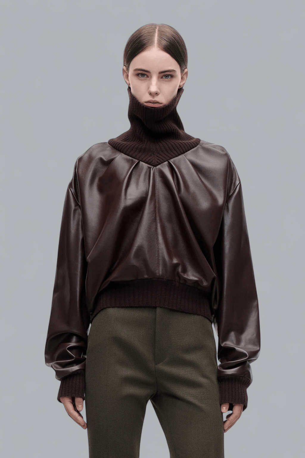 KNITTED COLLAR LEATHER TURTLENECK