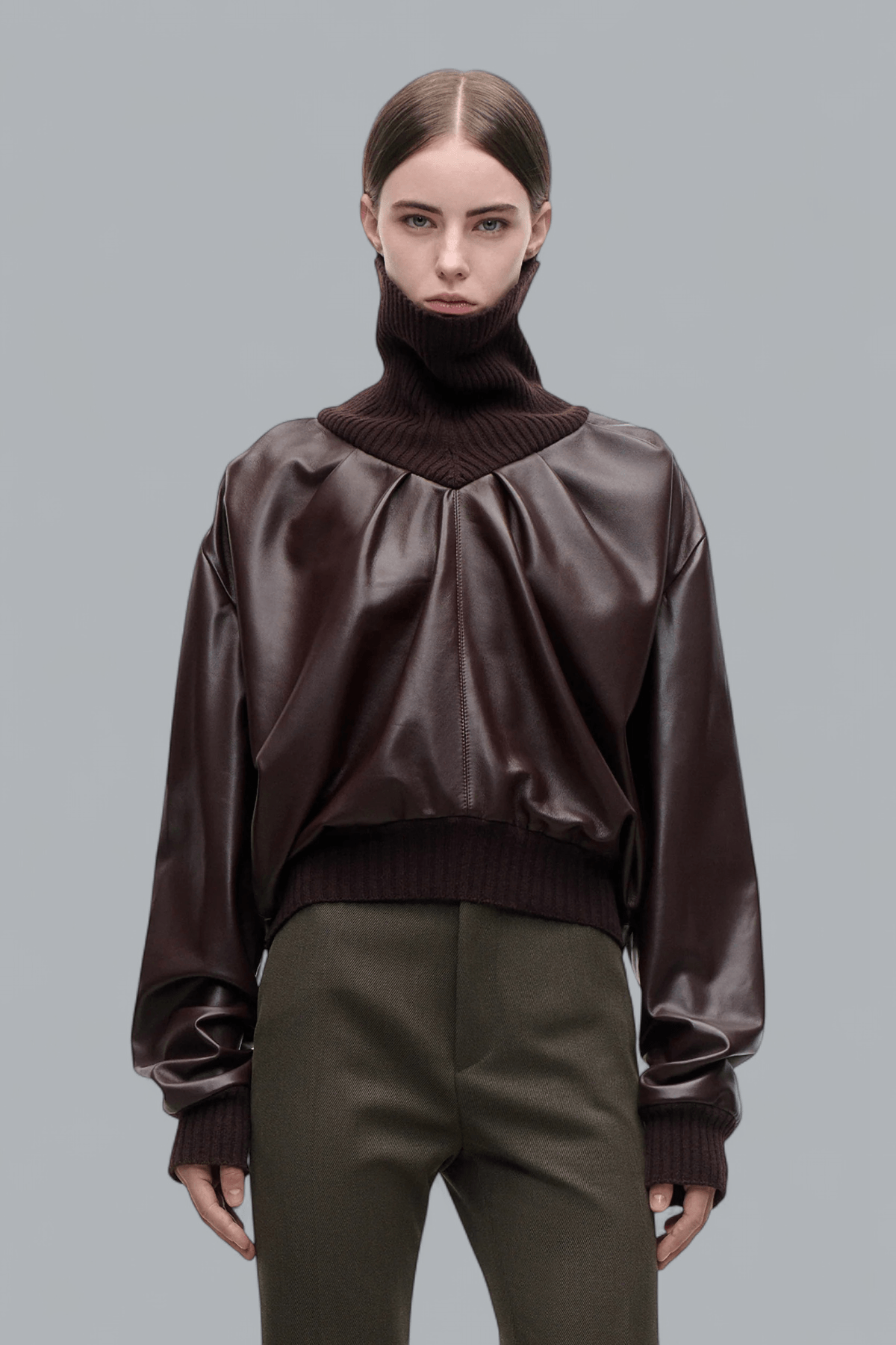 KNITTED COLLAR LEATHER TURTLENECK