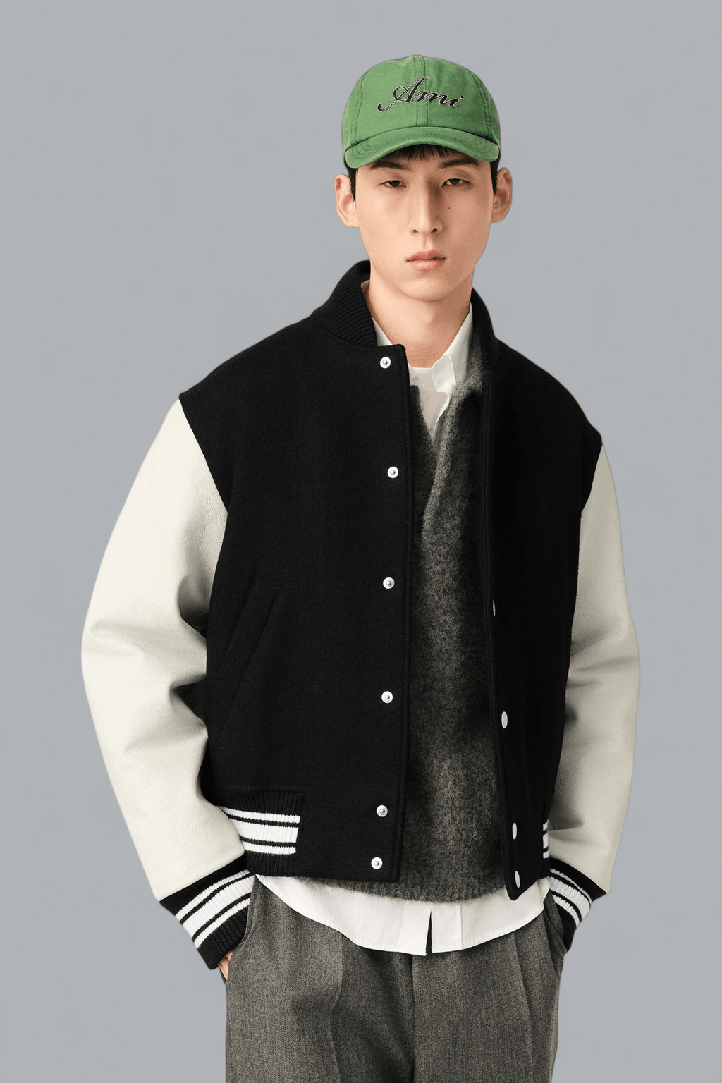 PADDED AMI PARIS TEDDY JACKET WITH LEATHER SLEEVES