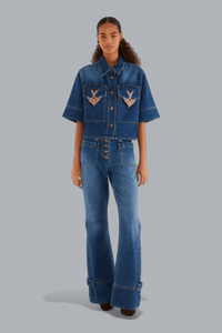 PORCELAIN BIRDS FLARED JEANS