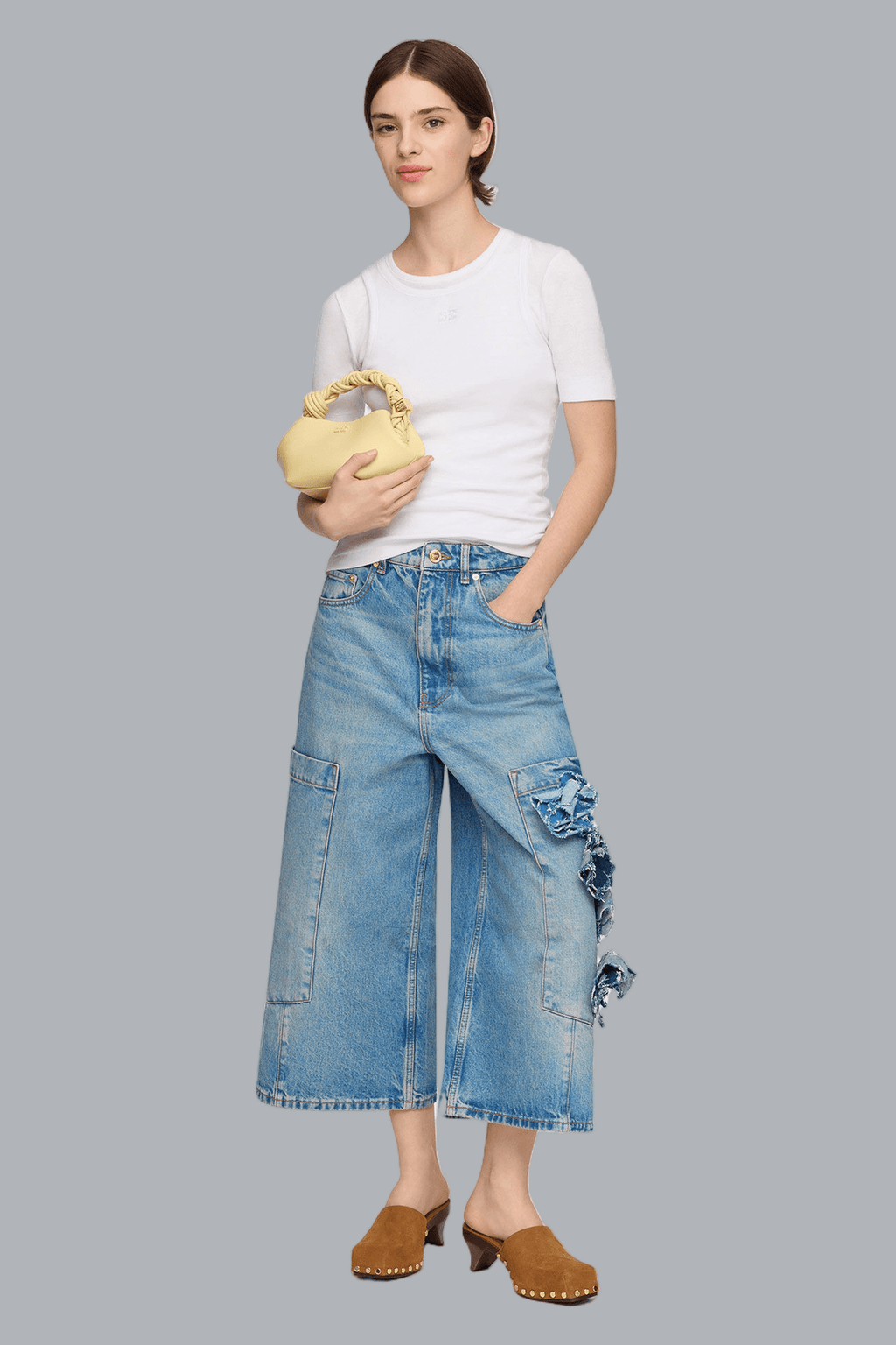Flower Denim Cropped Baggy Cargo Jeans