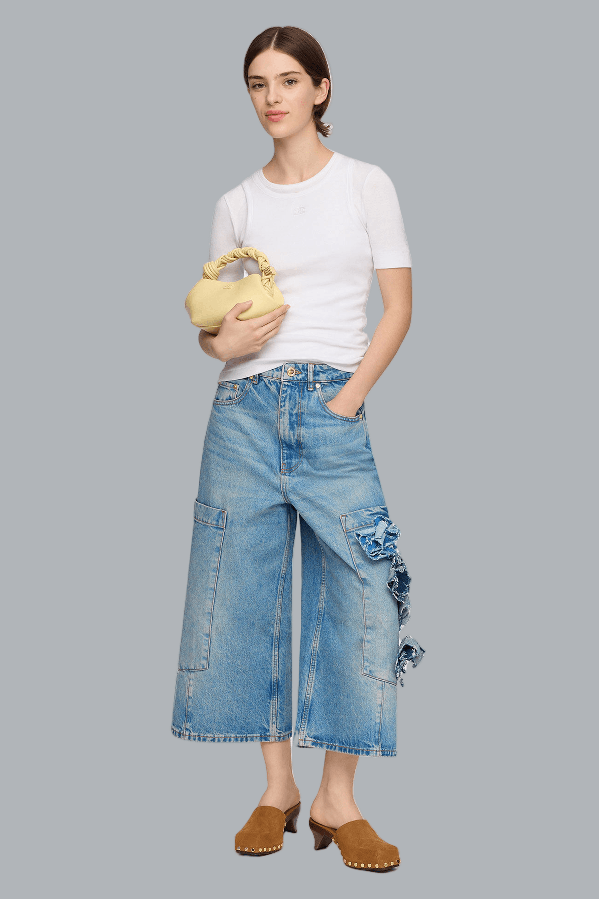 Flower Denim Cropped Baggy Cargo Jeans