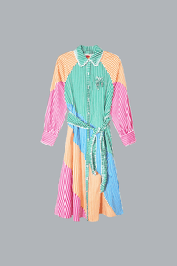 CUTWORK STRIPES LONG SLEEVE CHEMISE MIDI DRESS