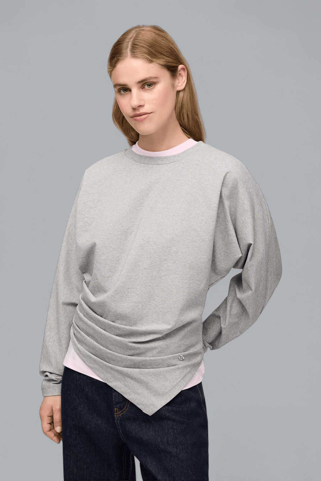 HEAVY STRETCH COTTON DRAPED LONG SLEEVE T-SHIRT