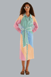 CUTWORK STRIPES LONG SLEEVE CHEMISE MIDI DRESS