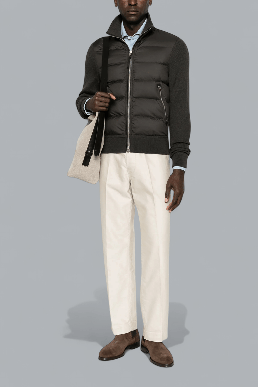 NYLON DOWN FRONT MERINO WOOL ZIP THROUGH CARDIGAN