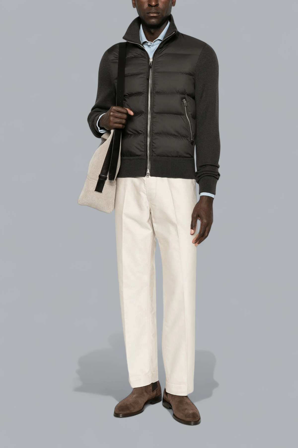 NYLON DOWN FRONT MERINO WOOL ZIP THROUGH CARDIGAN