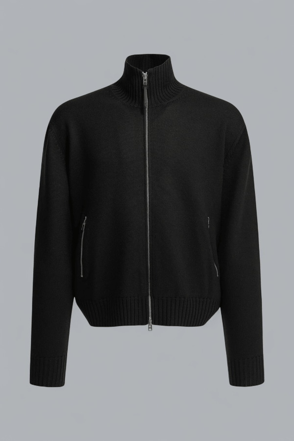 MERINO WOOL LEATHER PATCHED ZIP THROUGH CARDIGAN