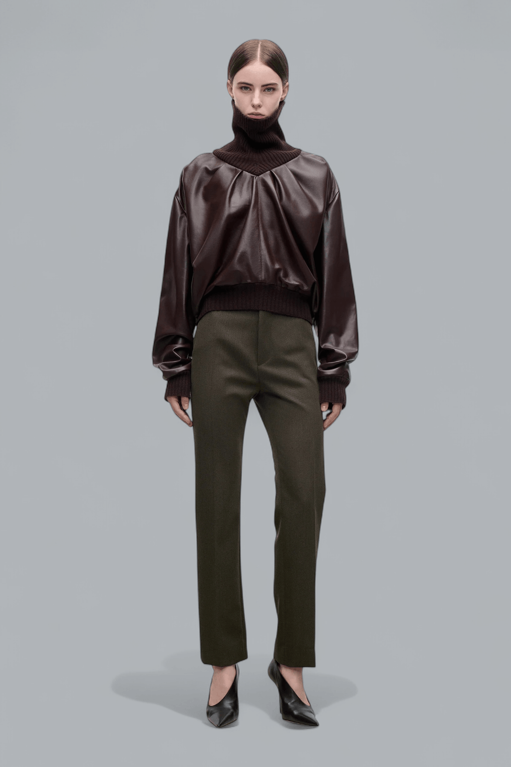 KNITTED COLLAR LEATHER TURTLENECK