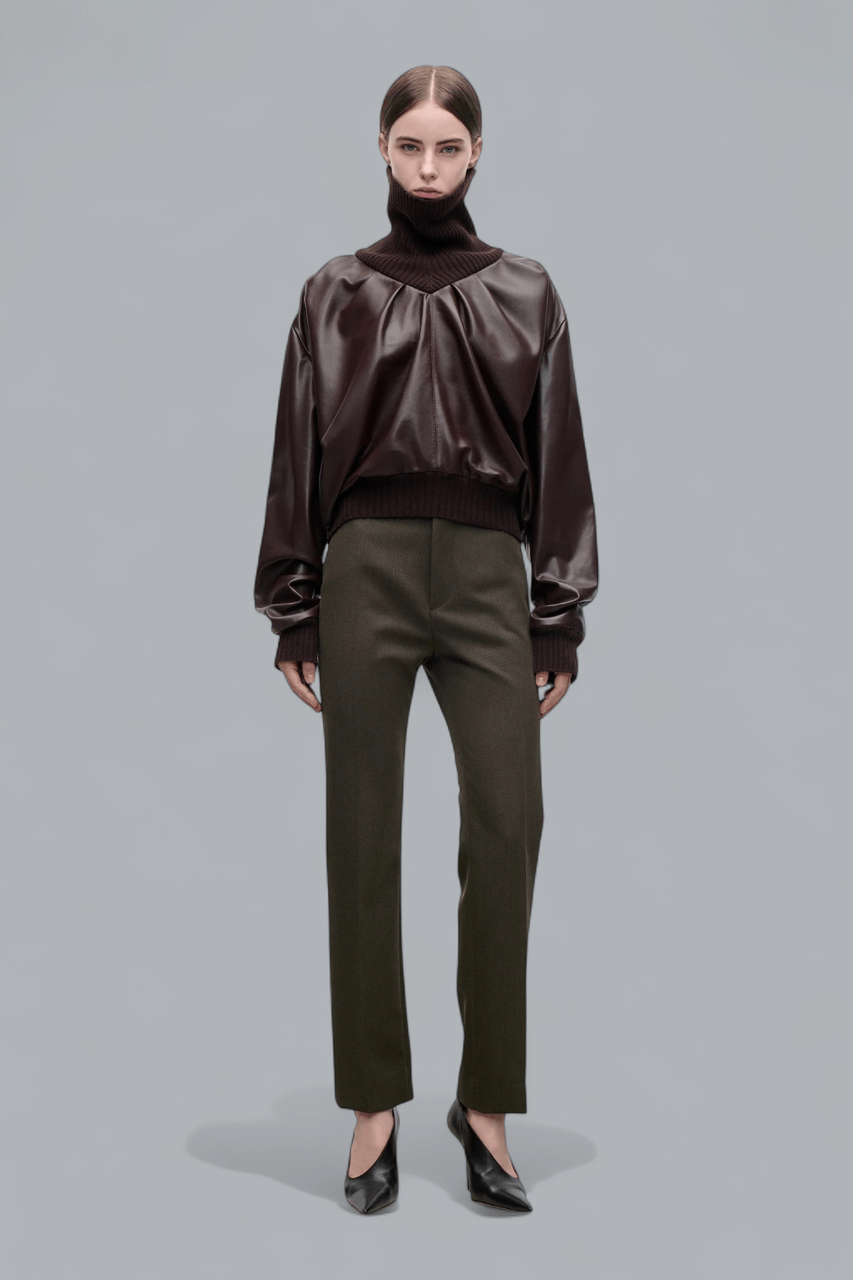 KNITTED COLLAR LEATHER TURTLENECK